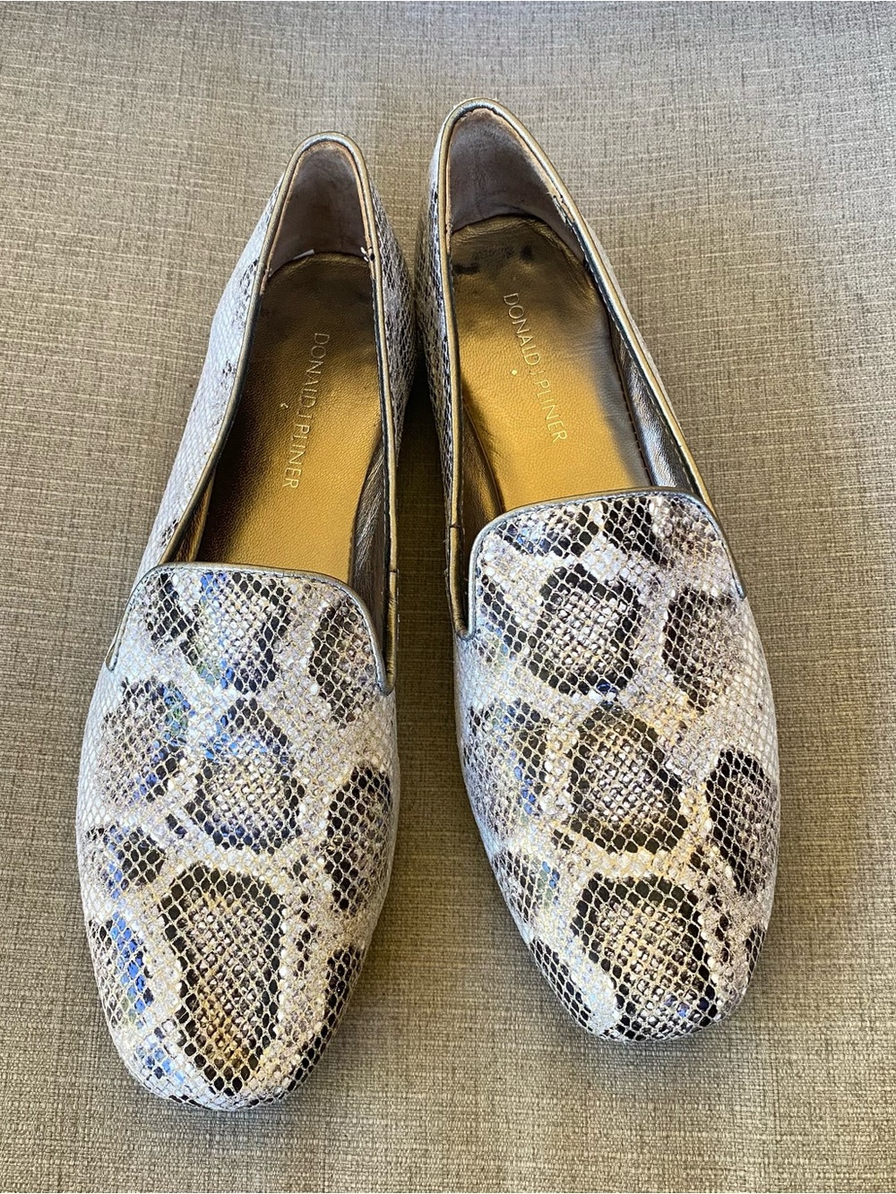 Donald J. Pliner Snake-Print Loafers in Taupe, Gold and Cream
